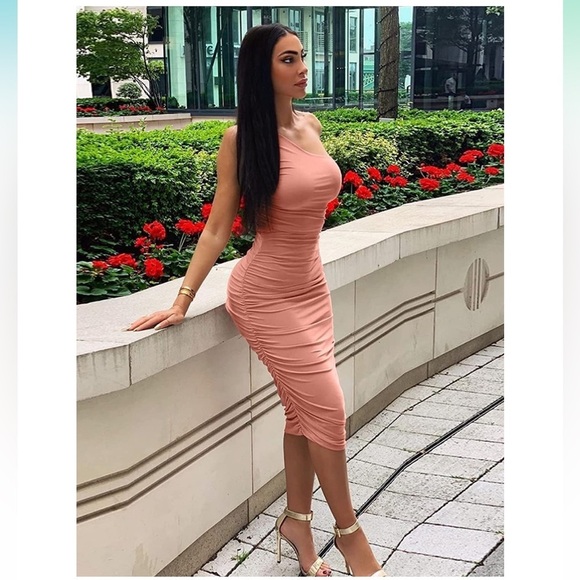 One Shoulder Bodycon Dress In Peach/ Pink NEW Party Dress - Picture 4 of 6